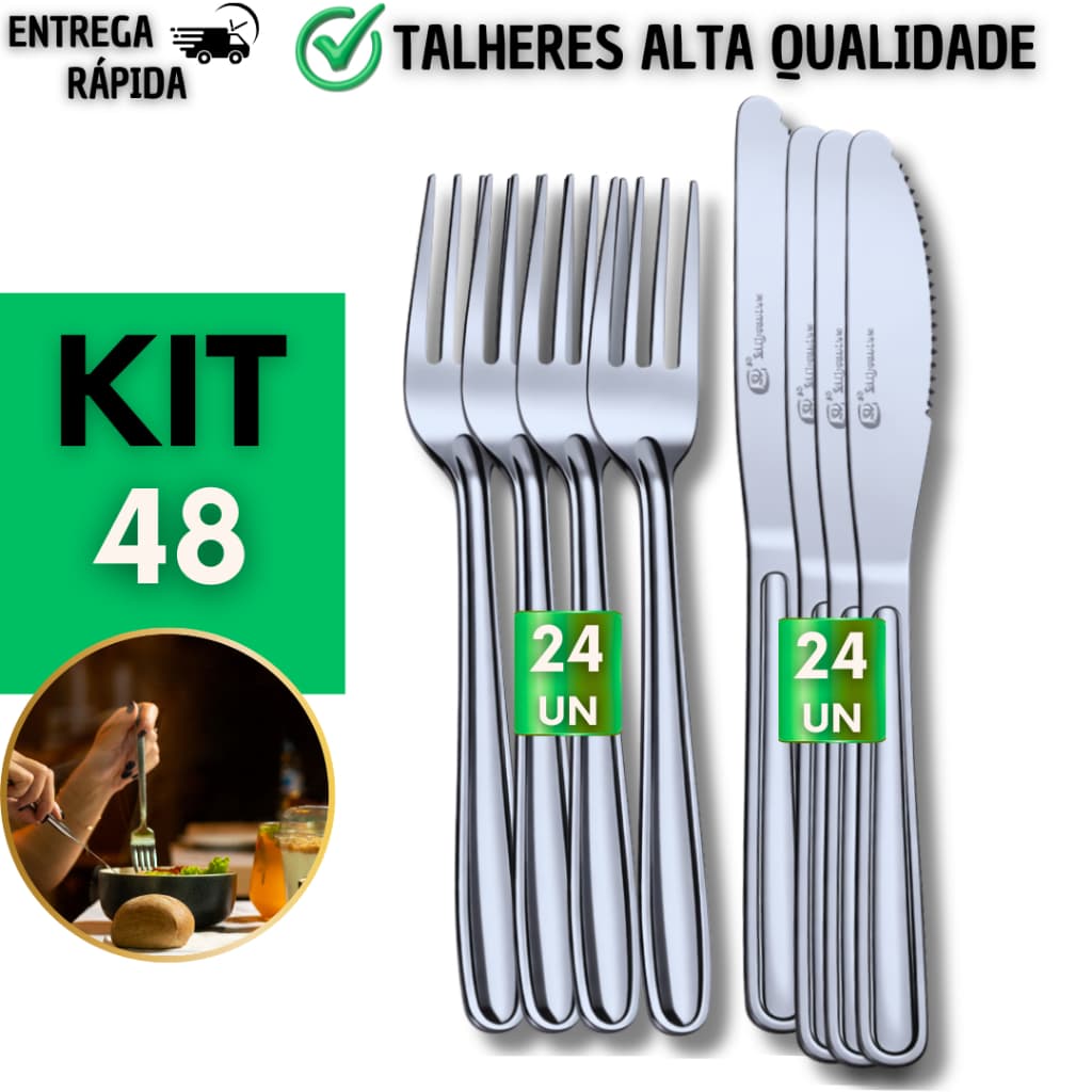 Kit Talheres Garfo e Faca 12/24/36/48 Peças Inox Resistente Jogo Completo Cozinha Mesa Restaurante Alta Qualidade