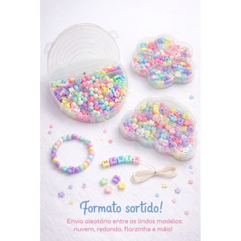 Kit Miçangas Infantil 150 Peças + Letras + Elástico | Monte Pulseiras | Modelo Sortido