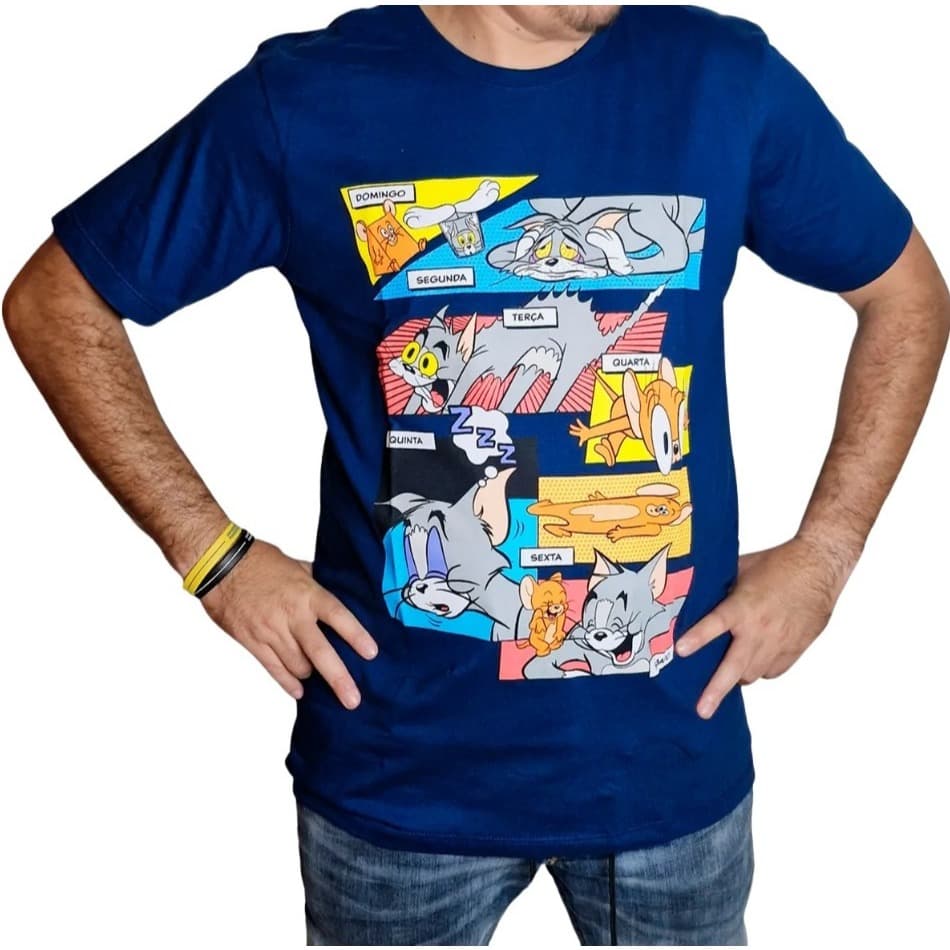 Camiseta Tom E Jerry Tirinhas Dias da Semana Azuarinho Tamanho M - Piticas