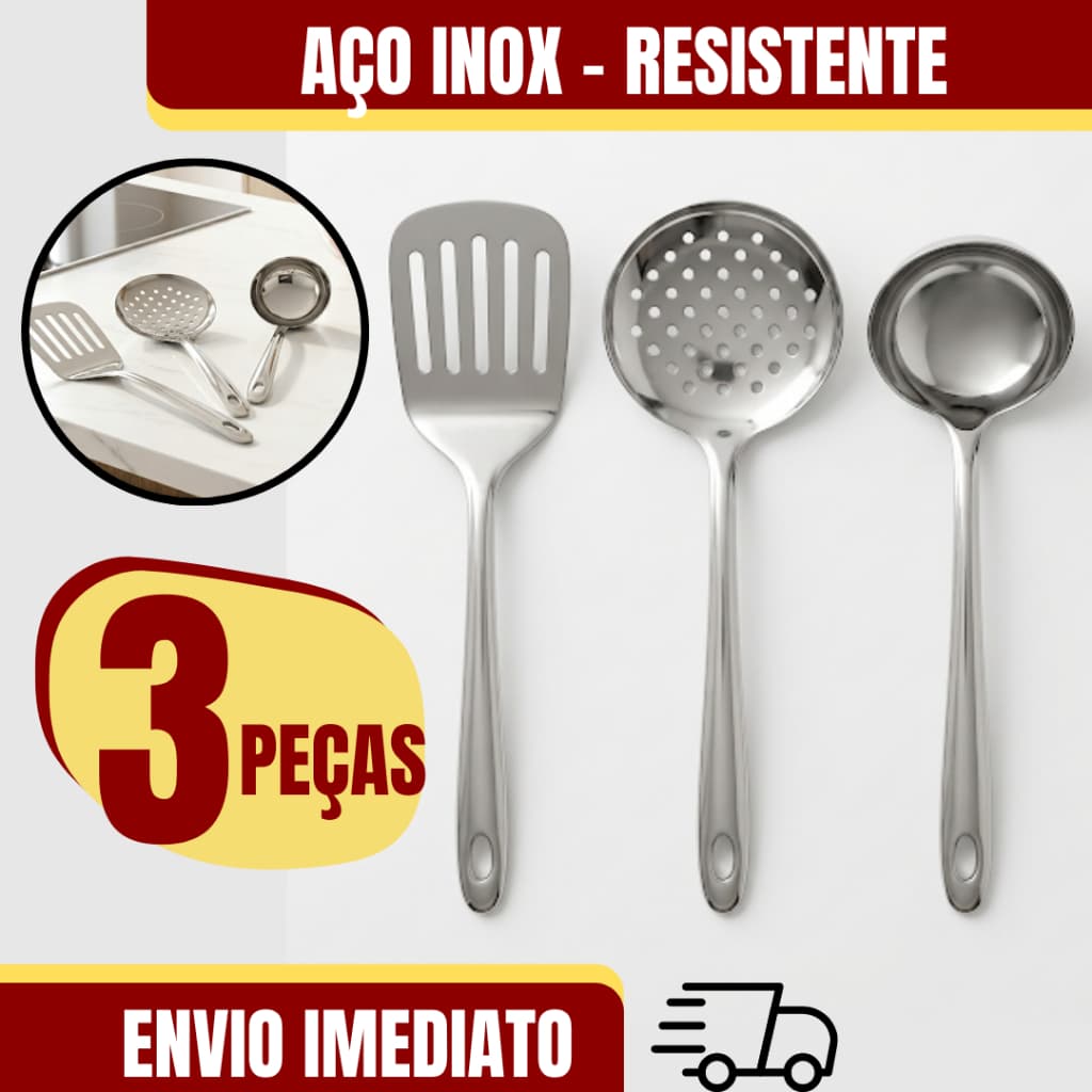 Kit Utensílios de Cozinha Inox 3 Peças Espátula Escumadeira Concha Resistente