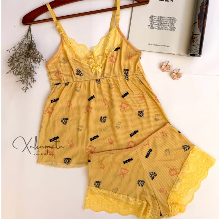 Kit Baby Doll Estampado com Renda Regata e Shortinho Verão Conjunto Feminino Mulher