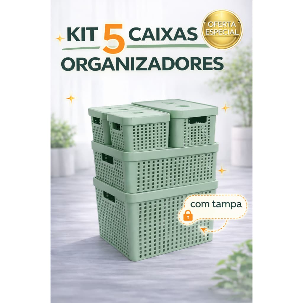 Kit 5 Caixas Organizadoras Tampa Cesto Grande de Plástico 2 Litros 4,5 Litros 11 Litros e 17 Litros