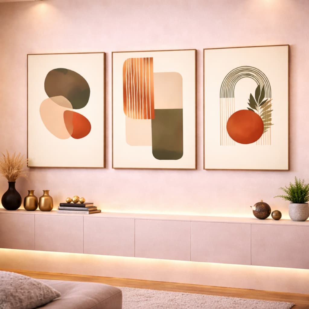 Quadro Decorativo Harmonia Contemporânea Moderno Minimalista  Verde Terracota  3 Peças