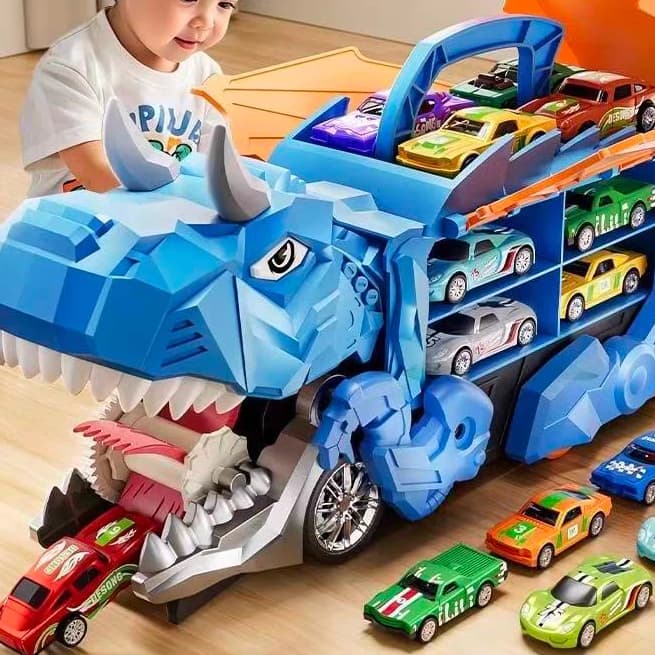 Novo 2026 Caminhão Engolidor Dinossauro com 4 Carrinhos de Fricção e Porta-Carrinhos 🚚