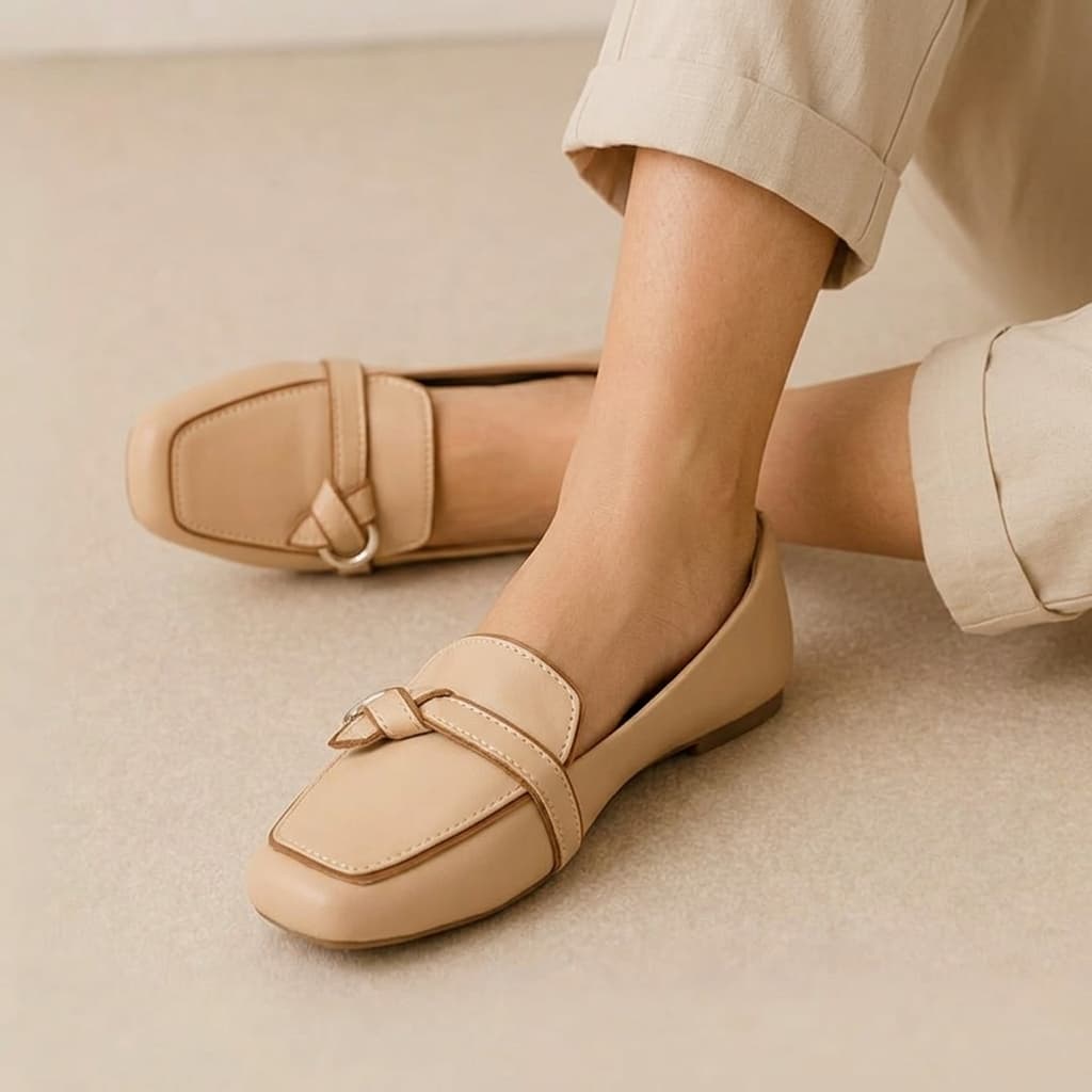 Sapatilha Feminina Mocassim Bico Quadrado Fivela Couro Confortável Social Casual Flat Rasteira