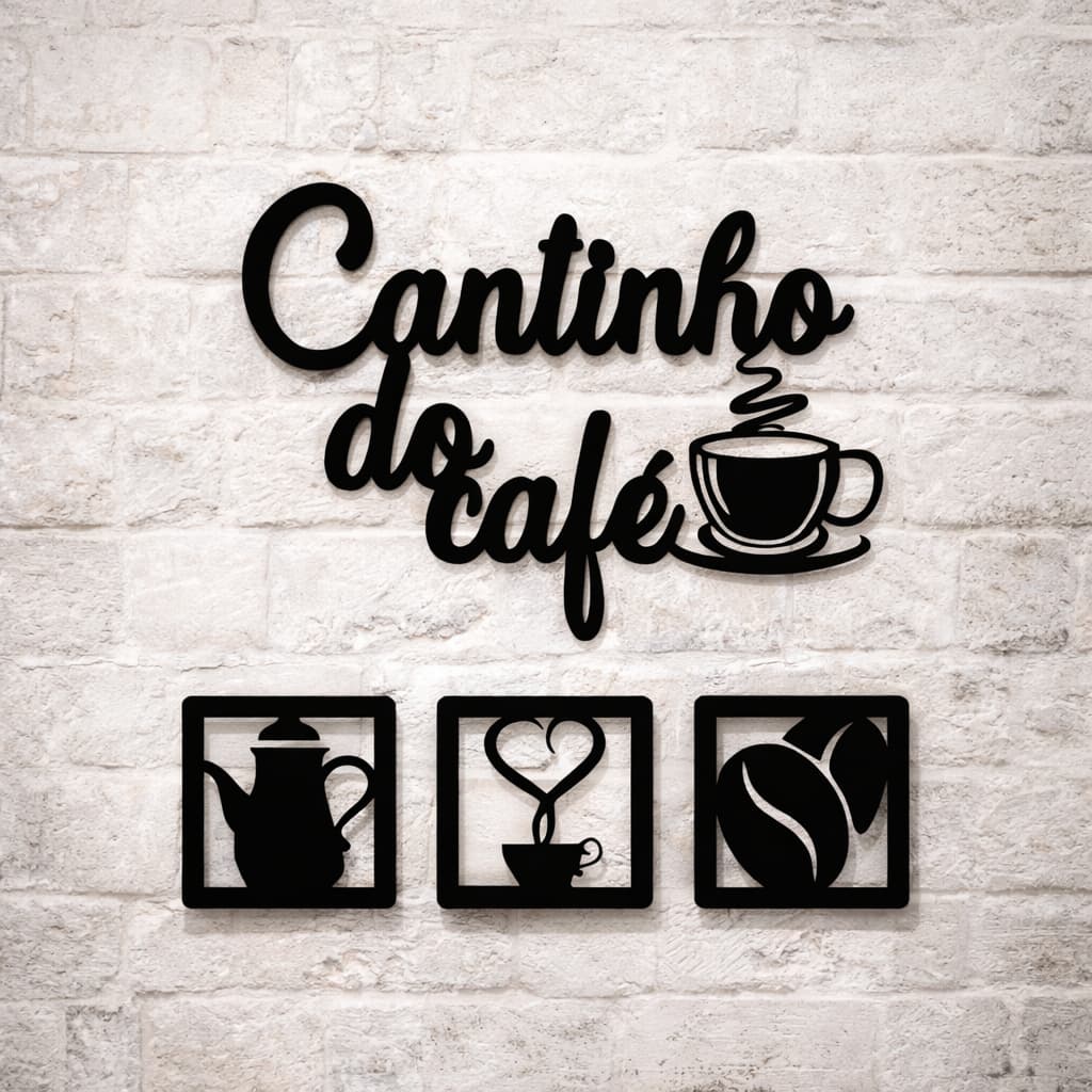 Kit Cantinho do Café 4 Peças para Decoração de Cozinha em Mdf Preto Fosco com Fita Dupla Face