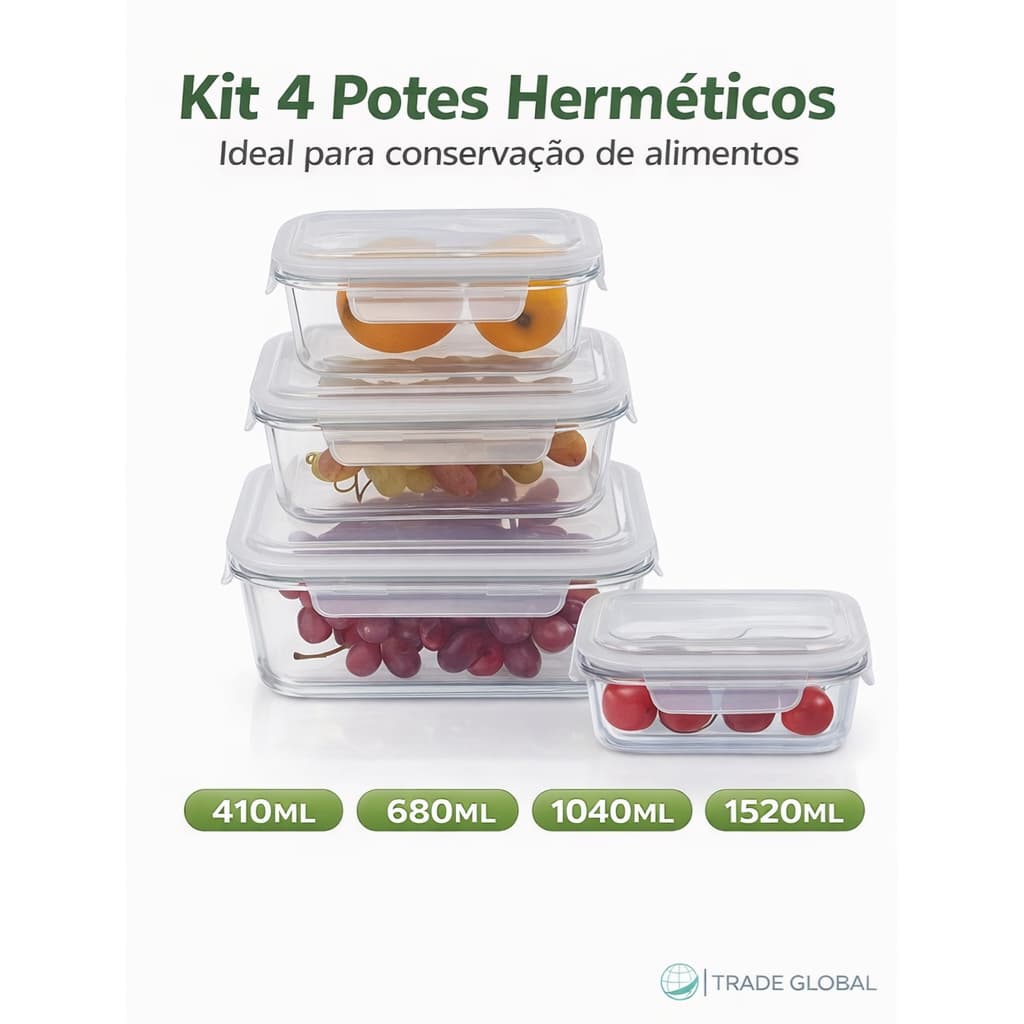 CONJUNTO 04 POTES DE VIDRO COM TAMPA HERMÁTICA- BIGOOHOME- MICROONDAS, FORNO E LAVA LOUÇAS