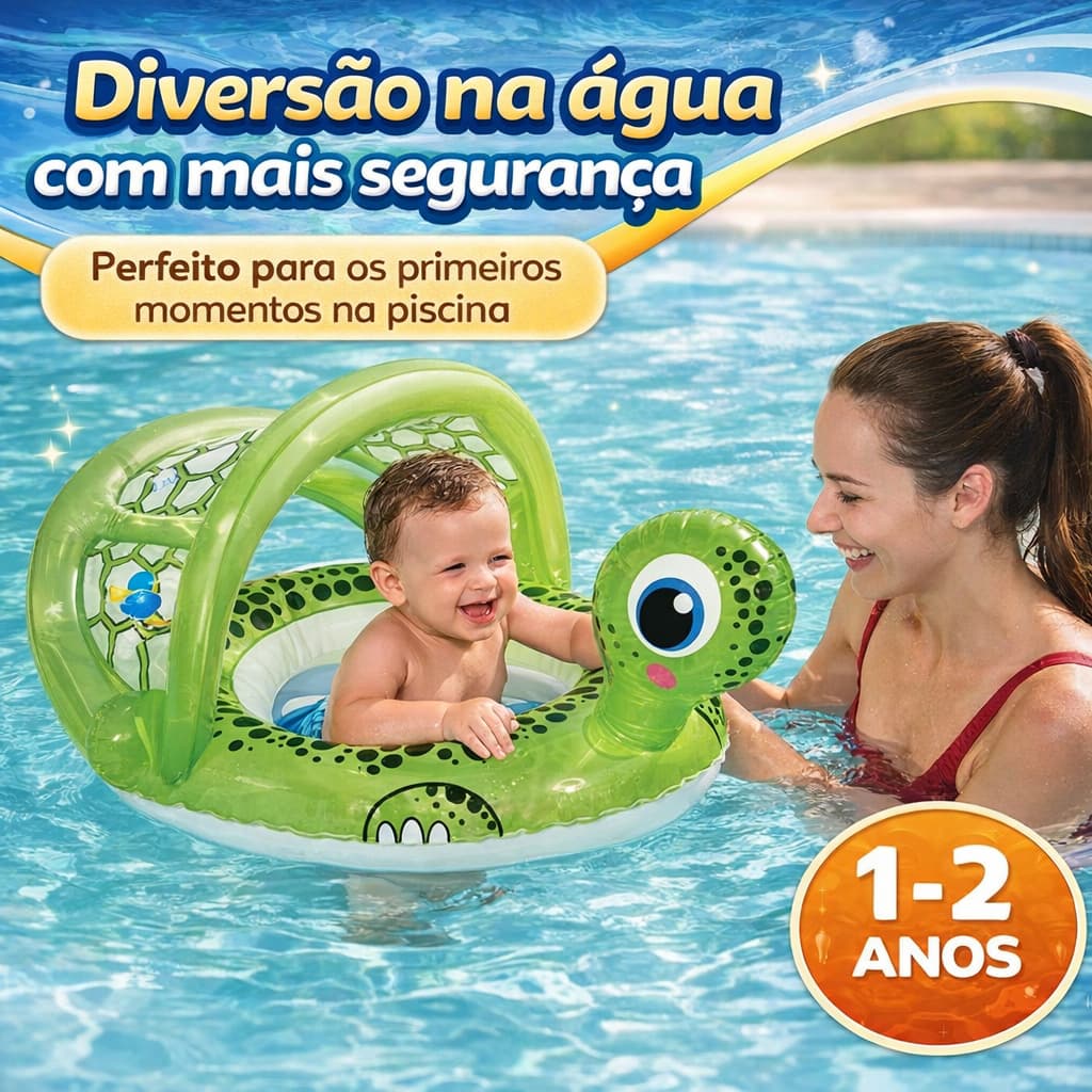 Boia Inflável Infantil com Assento Tartaruga Verde Bebê Piscina 1 a 2 Anos PVC Resistente