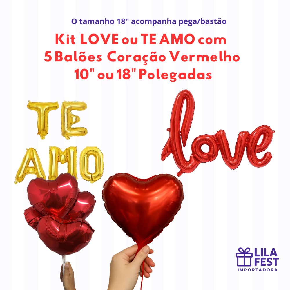 Kit Romântico Love ou Te Amo + 5 Balões metalizados Coração 18” polegadas Decor Dia Namorados Declaração
