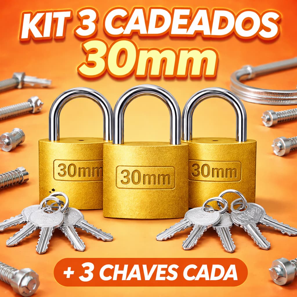 Kit 3 Cadeado 30mm +3 Chaves Cada Cadeado Reforçado com Tamanho 2,5cm / 3cm