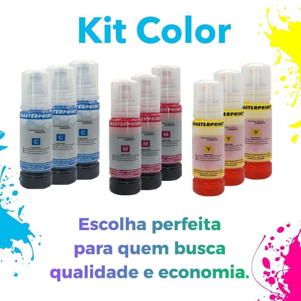 Kit 9 Refil Tinta Compatível  Color T504 T544 L3110 L3150 L3250 Ciano/magenta/amarelo Masterprint
