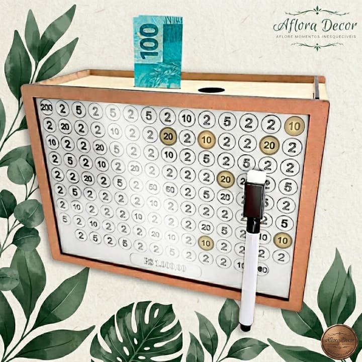 Cofre Desafio MDF 10 Mil 5 Mil 1 Mil Metas Metodo Japones Cofrinho Madeira Personalizado Com Caneta