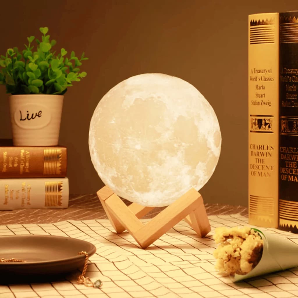 Abajur Luminária Lua Cheia 3D LED Sem Fio Com Base Luz Decorativa Quarto