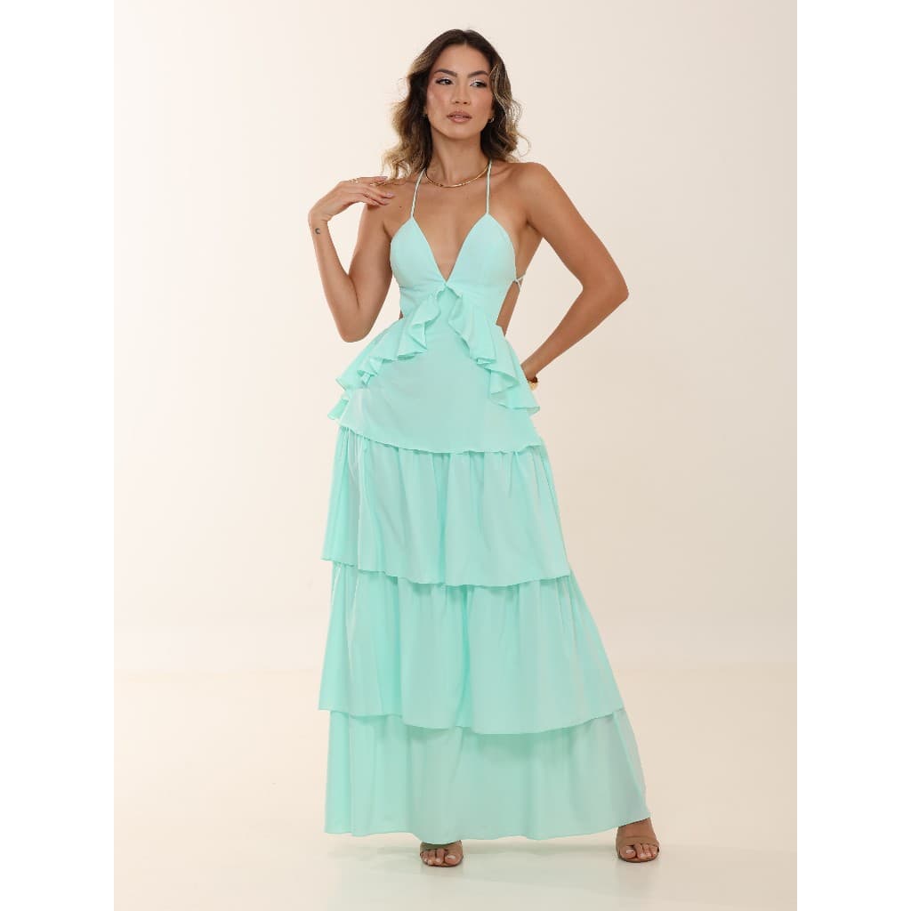 Vestido Nicole Feminino com Alças de Amarração Decote V com bojo Costas Aberta Longo em Camadas