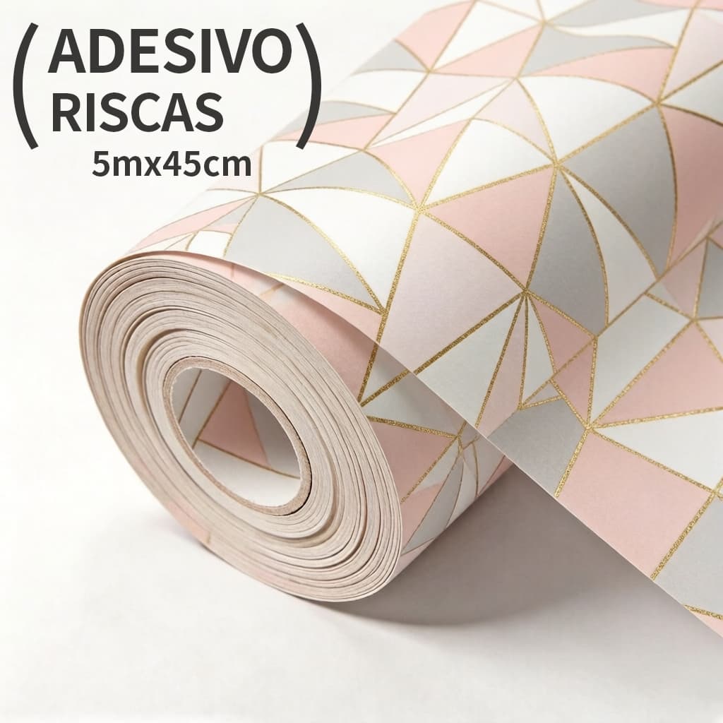 Papel de Parede Zara Rosa Cinza Dourado Geométrico 5 Metros x 45cm Adesivo Premium Quarto Sala