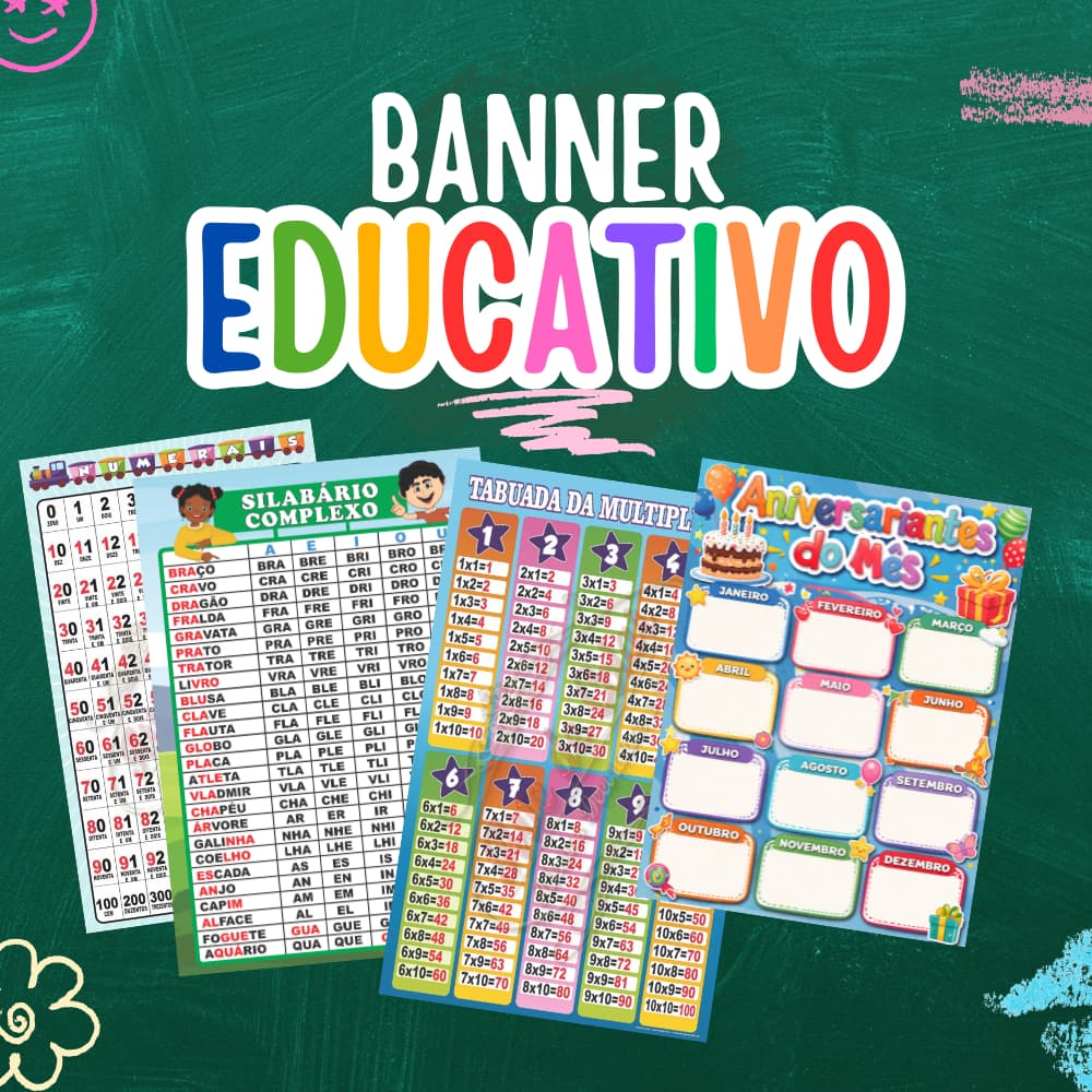 Banner Educativo Infantil Personalizado – Alfabeto, Números, Formas e Conteúdos Escolares 80x60