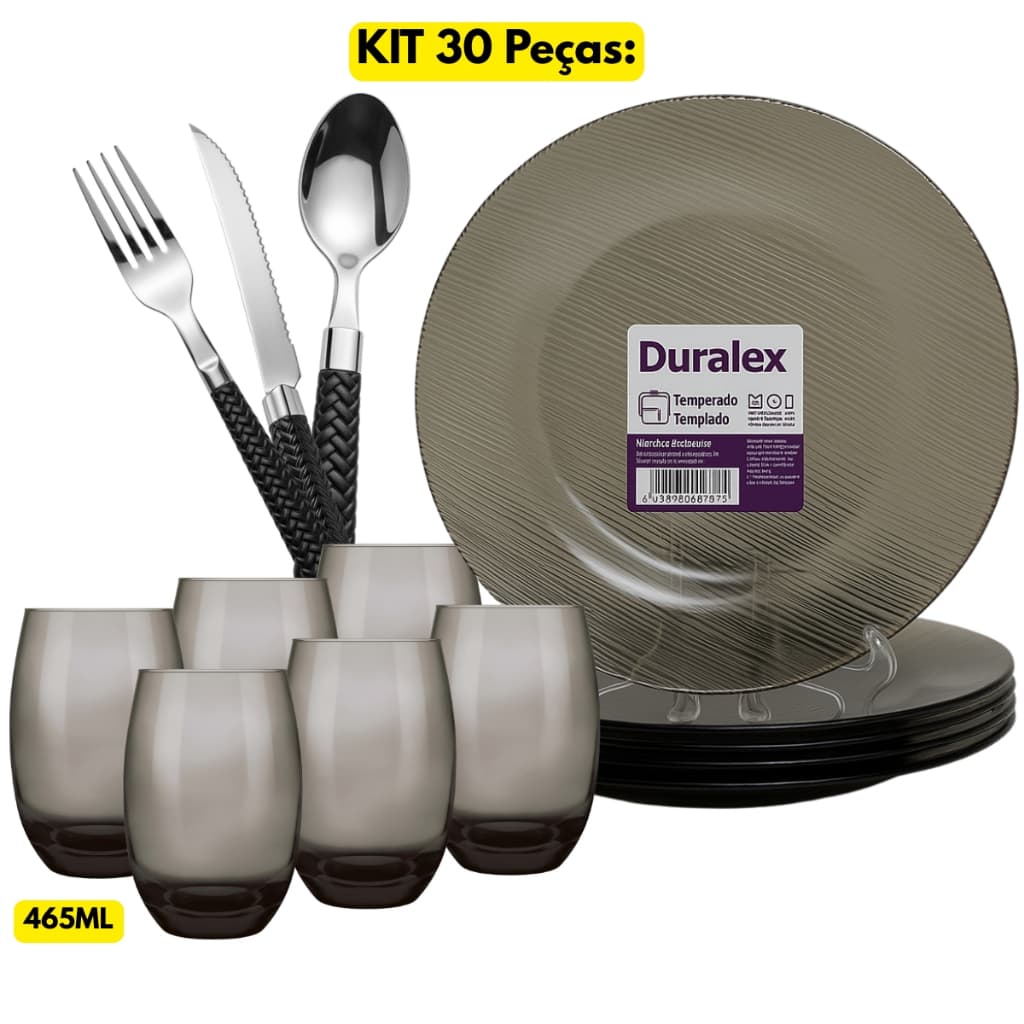 Jogo Kit 30 Peças Pratos Fundo Vidro Fumê Diamante + Copo Aruba Cinza + 18 Talheres Inox Gramado