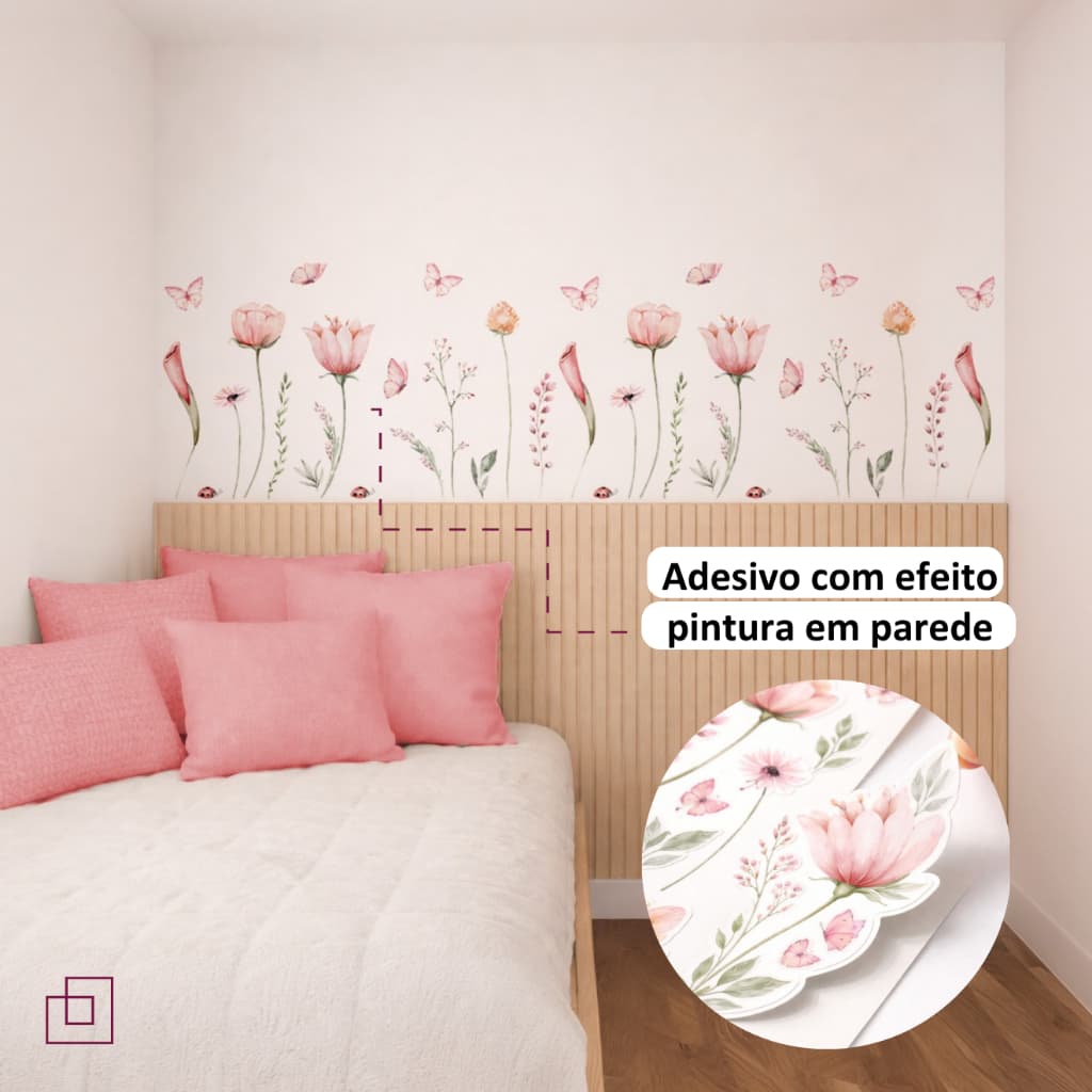 Adesivo Para Parede Floral, Flores, Decoração Quarto Menina, Adesivo Transparente Jardim Encantado