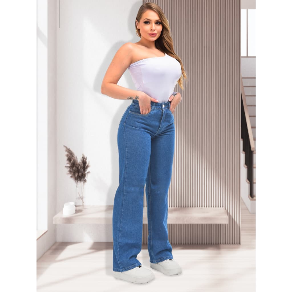 Calça Jeans Feminina Wide Leg Cintura Alta Pantalona Tecido Encorpado 100% Algodão