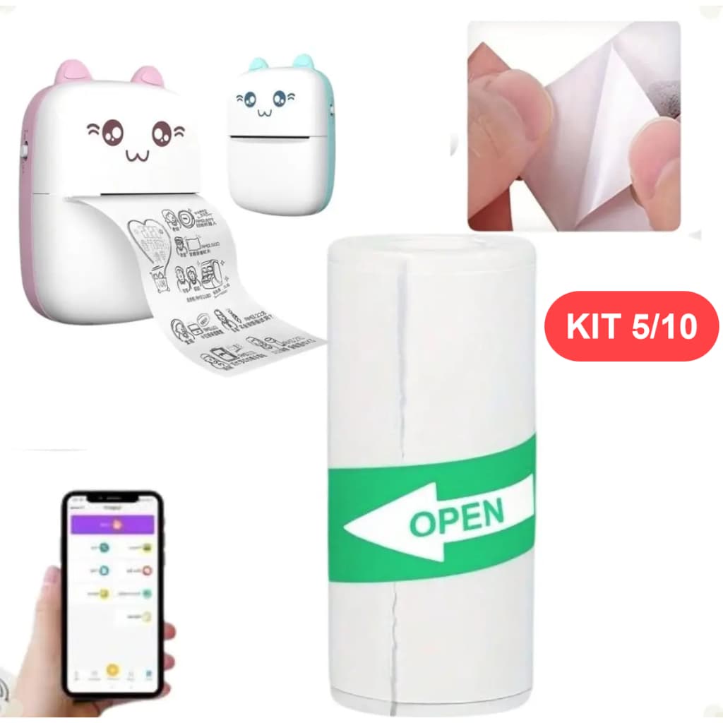 Kit 10/5 Rolos de Etiqueta Térmica Adesiva 57x30mm – Branco, À Prova D'água para Mini Impressora Portátil