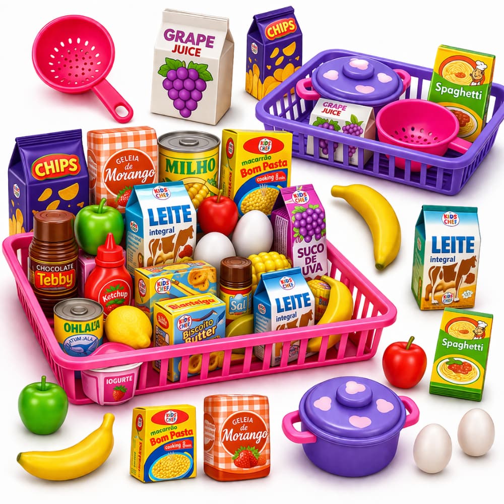 Kit Brinquedo Infantil Menina Menino Mercadinho Panelinha 18 Peças com Comidinhas