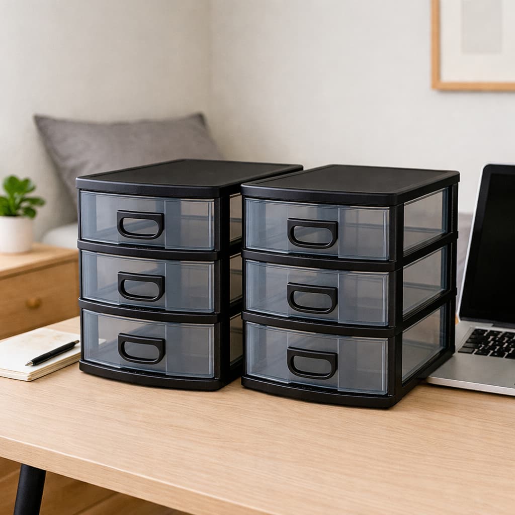 Kit 2 Gaveteiro De Mesa Organizador Micro 3 Gavetas Porta Tudo  Cor Preto Gavetas Transparentes