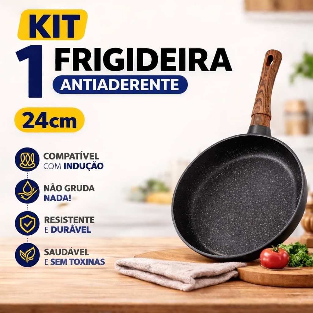 Frigideira Indução 24cm  Branca e Preta Cerâmica Cabo Madeira Cozinha Frita Sem Óleo