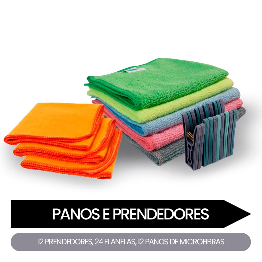 Kit Pano de Limpeza 24 Flanelas + 12 Microfibra + 12 Prendedor de Roupa Multiuso
