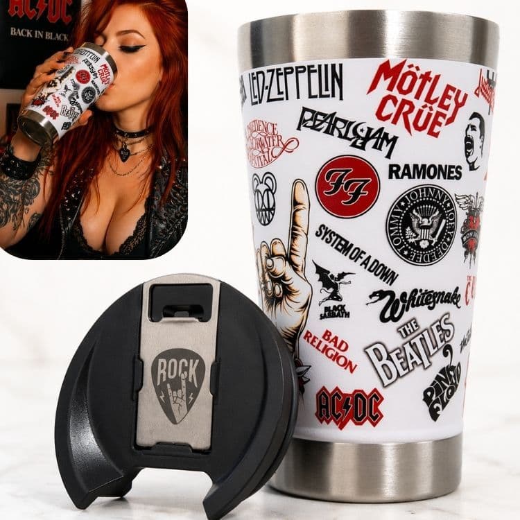 Copo Térmico INOX UV PREMIUM 360° Bandas Beatles Scorpions Metallica Guns n´Roses Kiss Rock in Roll