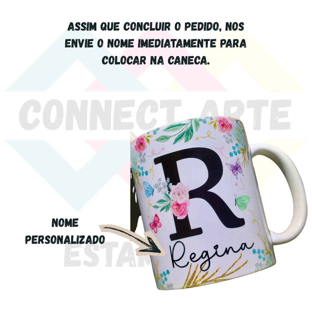 Caneca Personalizada Com Nome - Porcelana 325ml Alfabeto Floral