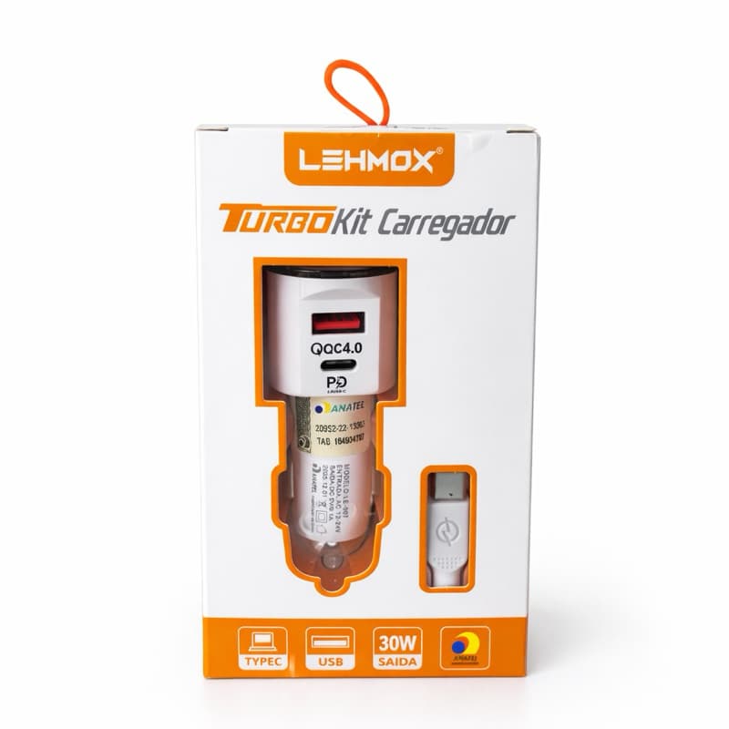 Kit Carregador Veicular Turbo Tipo C 30W Carro Rápido USB-C Universal Android iPhone Carregamento Rápido Promoção