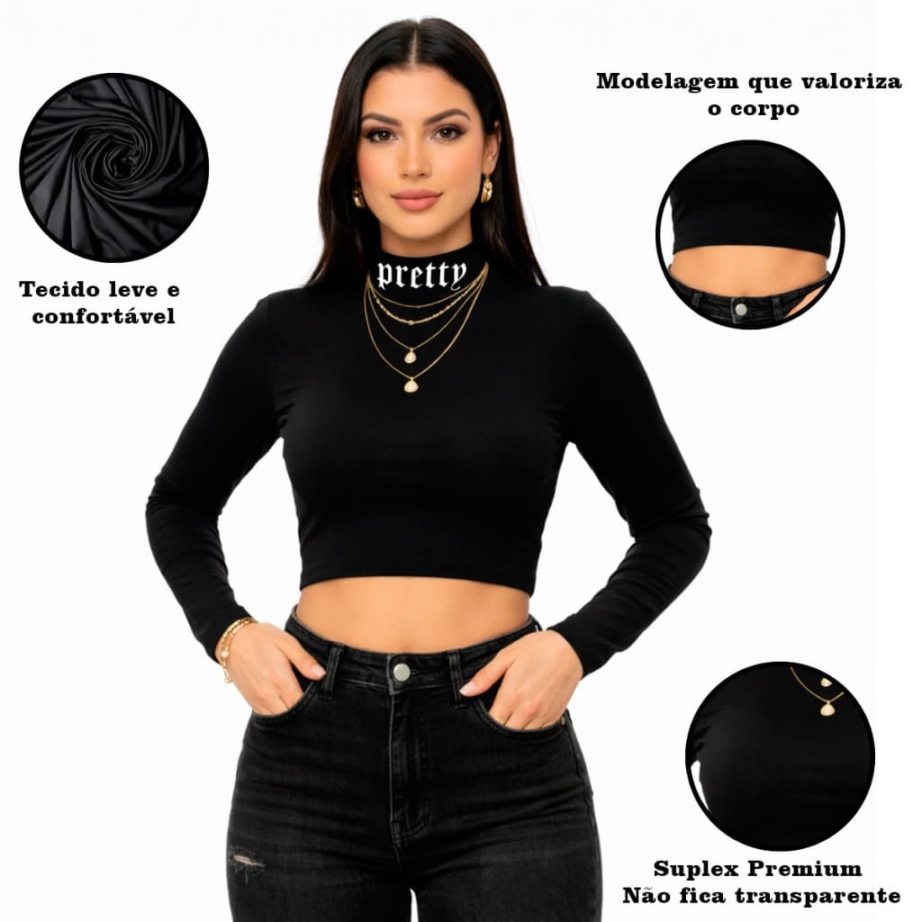 Cropped Blusinha PRETTY, Gola Alta MANGA LONGA - Básica Blogueira Alternativa Feminina Moda Inverno