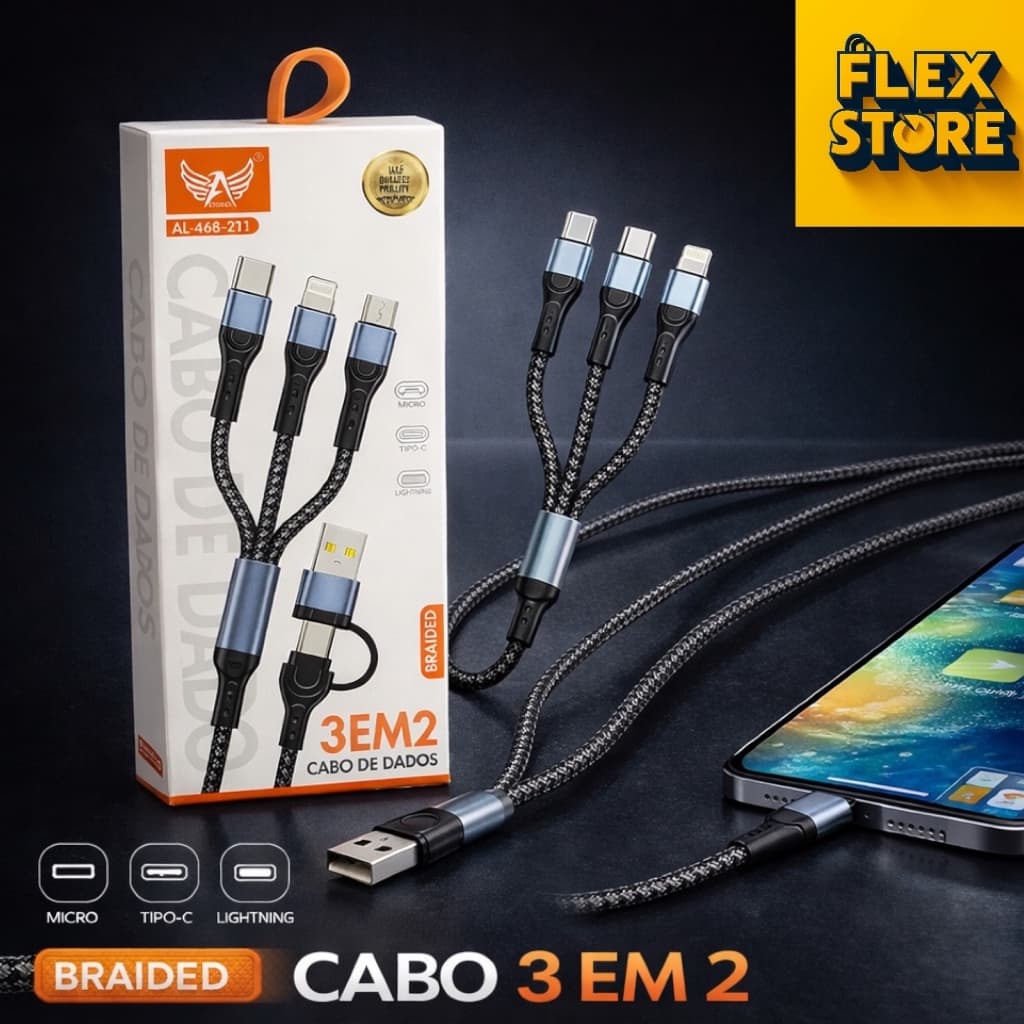 Cabo 3 em 2 USB Tipo C para Lightning/ Micro USB/ Tipo C Reforçado Nylon Carregamento