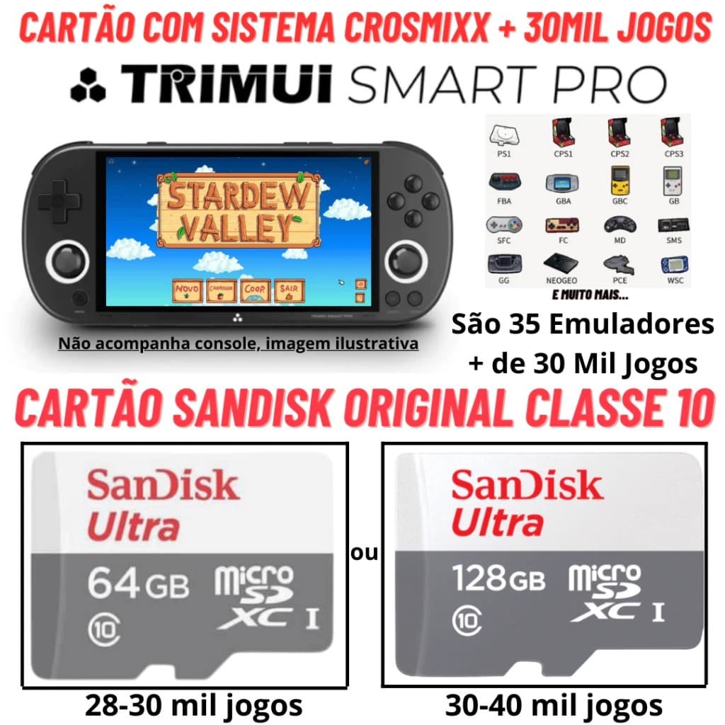 Cartão Original para Trimui Smart Pro com Sistema Crossmix e Roms Cartão Sandisk Original Classe 10