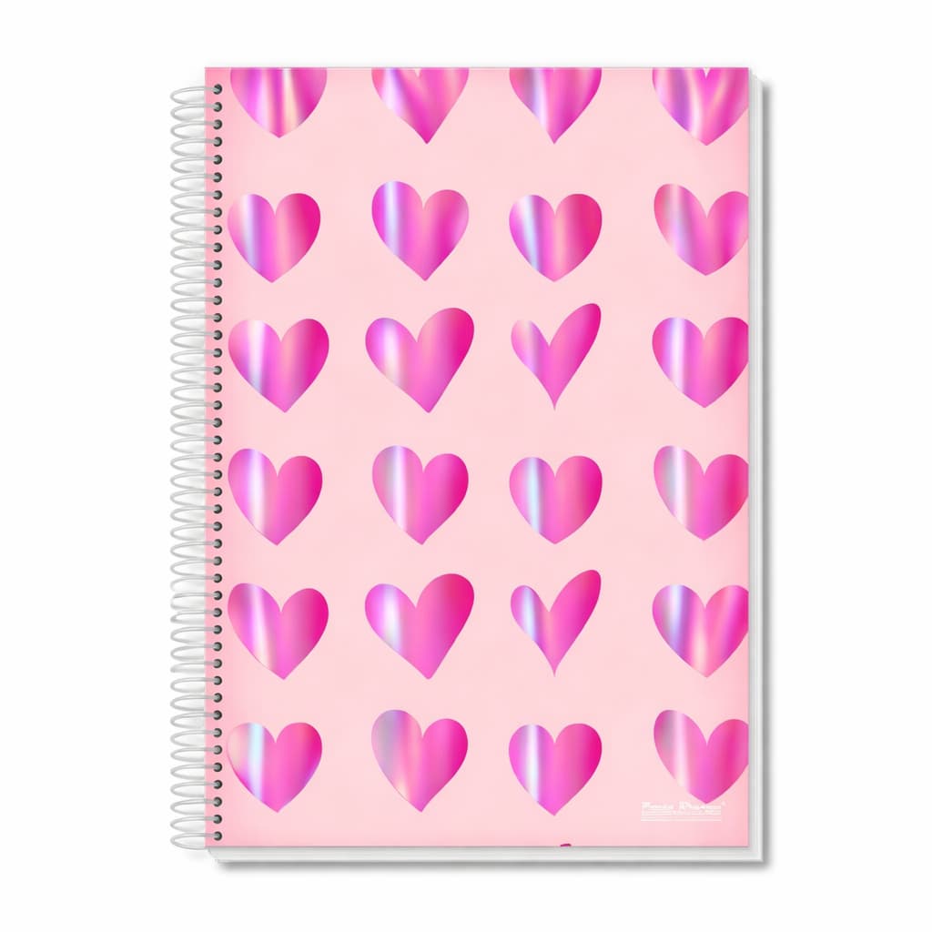 Caderno Universitário 10 Matérias C/ Bolsa e Adesivos Capa Dura 160 Folhas Corações Holográfico Brilhante Feminino