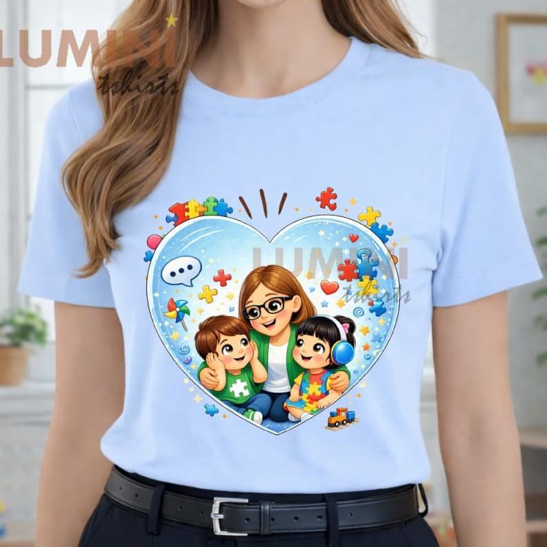 Blusa Tshirt CORAÇÃO AZUL Professora e Criancinhas autista cuidador inclusão educação infantil escola monitora