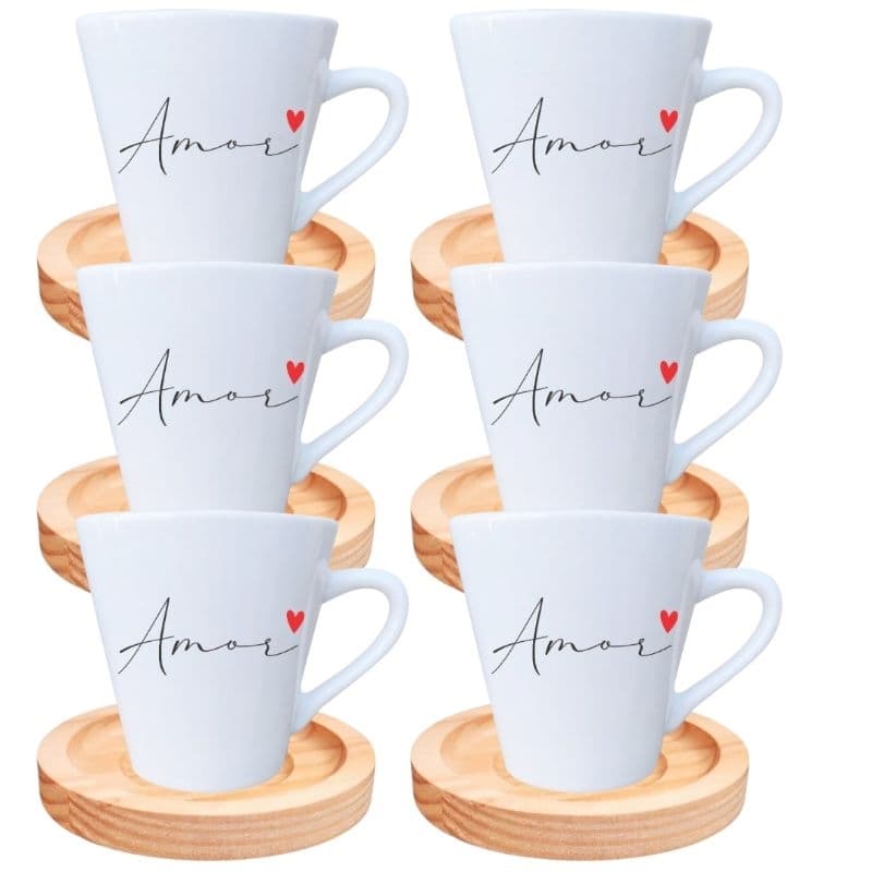 Jogo 6 Xicaras 120 Ml Porcelana  Pires Madeira Cafe Expresso Capuccino Atacado Amor
