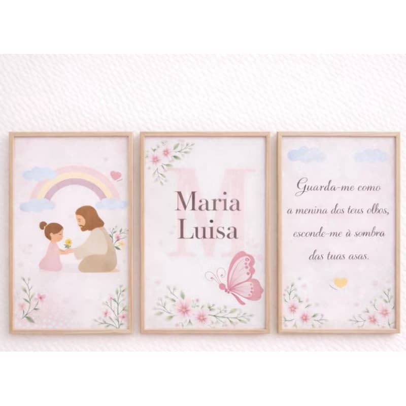 Kit 3 Quadros Infantil Religioso Jesus com Criança Personalizado Nome e Inicial