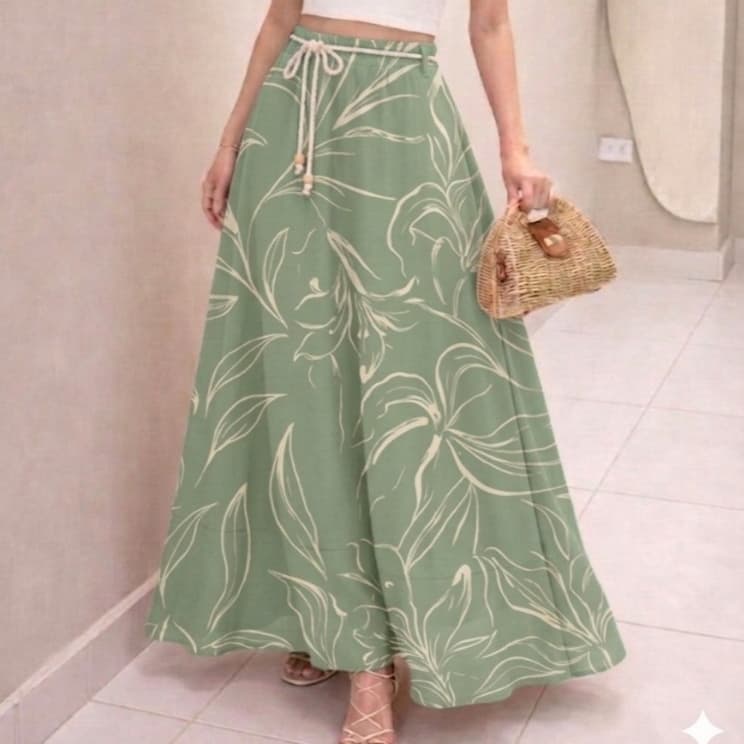 Saia Longa Feminina Estampada Floral Cintura Alta com Cordão Sarja