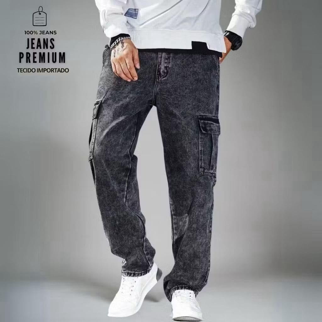 Calça Cargo Grafite Jeans Largo Masculino sem bunho com cordão