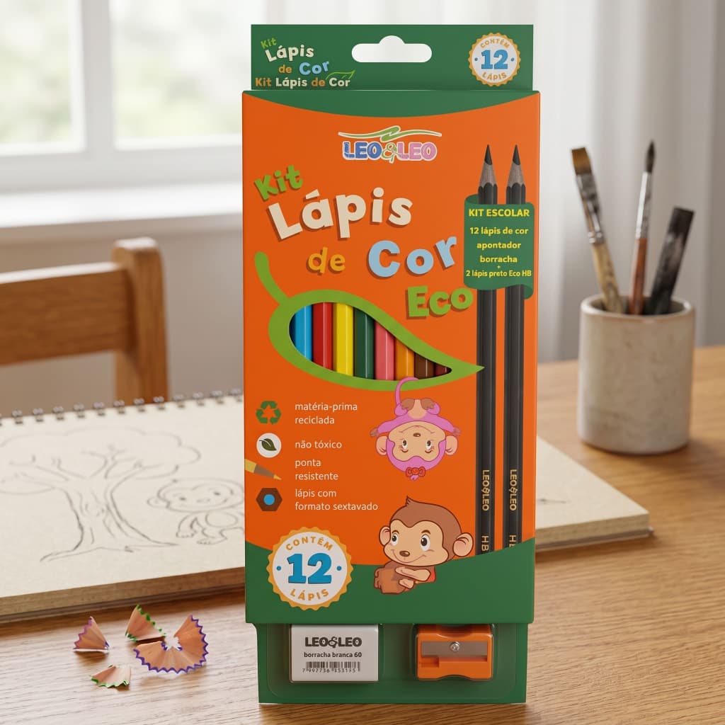 Kit Lápis d Cor 12 Cor Lápis HB Apontador Borracha Leo & Leo
