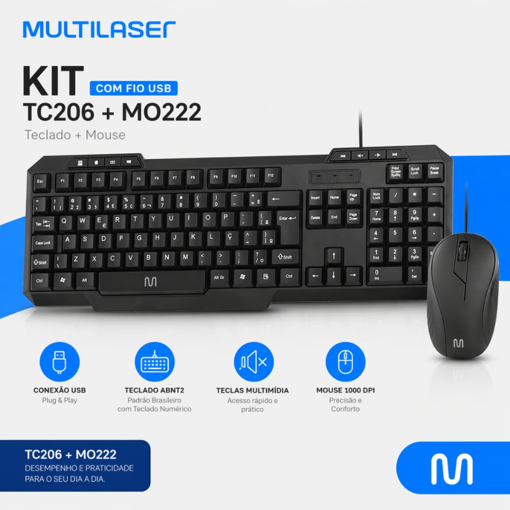 Kit Teclado TC206+MO222 Cabo 1,3m E Mouse Cabo 1,3m Com Fio Multilaser Original C/ Garantia Alta Qualidade * ENVIO NO ME
