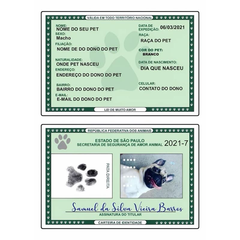 RG PET - Documento de Identidade para Cachorro Gatos e Animais de Estimação - C/Capa Plástica