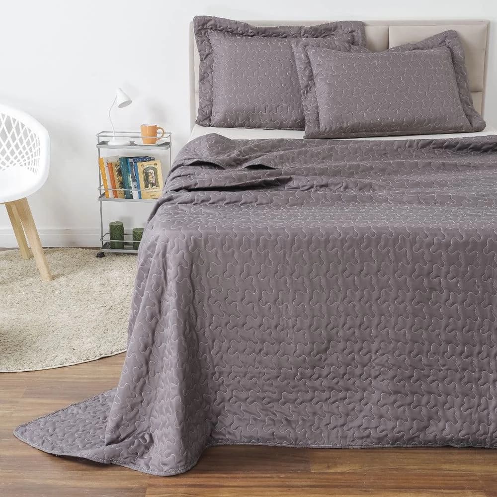 Colcha Boutis Casal Cinza com Porta Travesseiros - Linha Luxo
