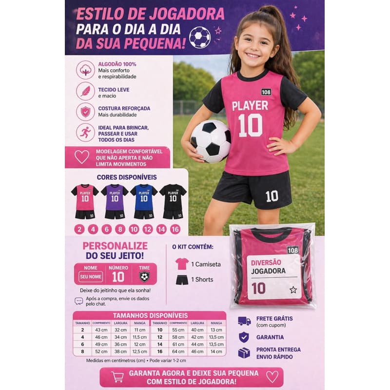 Conjunto Infantil Menina Personalizado 100% Algodão Roupa Esportiva Camiseta + Shorts