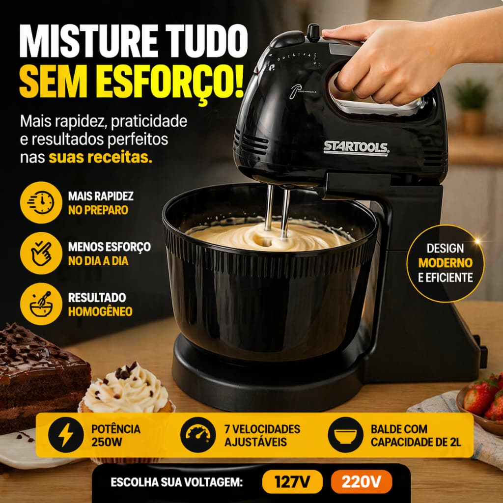 Batedeira Elétrica 2L 250W com Suporte + 7 Velocidades 127V ou 220V Preta