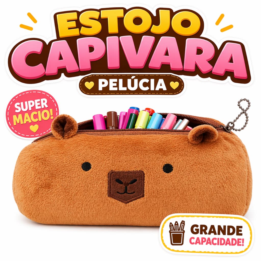 Estojo Capivara Fofo Pelucia Escolar Necessaire Maquiagem Marrom Kawaii Organizador Porta Lapis Top.