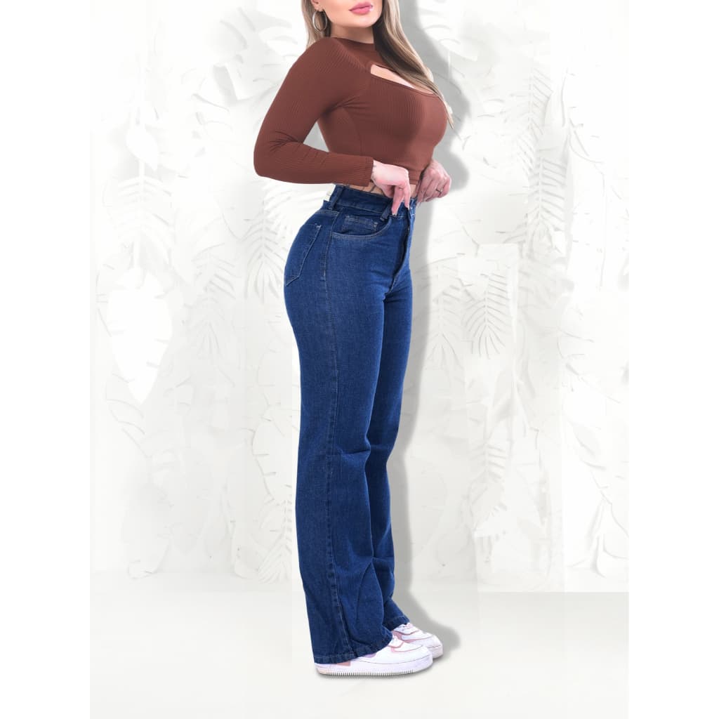 Calça jeans feminina cintura alta pantalona wide leg boca larga 100% algodão