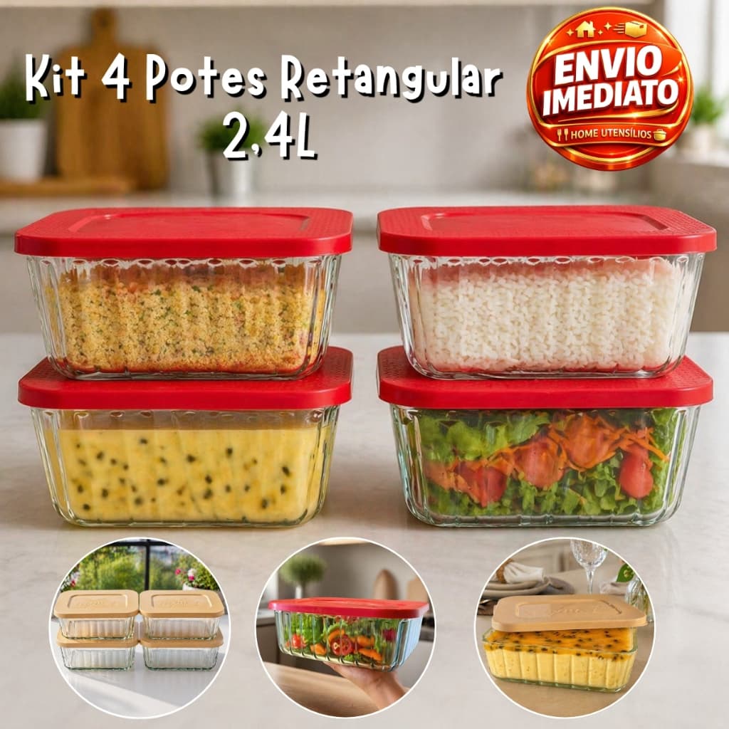 Kit 4 Potes Tigela De Vidro 2.4 Litros Retangular Com Tampa Plástica