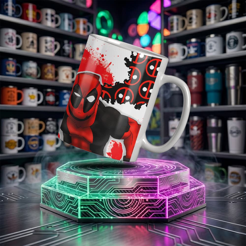 Caneca Deadpool Personalizada de Cerâmica Branca 325ml | Tema Super Herói Marvel